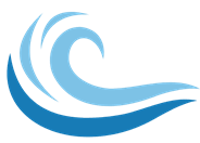 A blue wave logo on a black background.