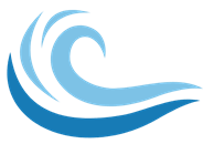 A blue wave logo on a black background.