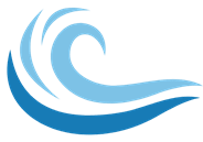 A blue wave logo on a black background.