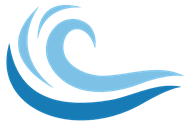 A blue wave logo on a black background.