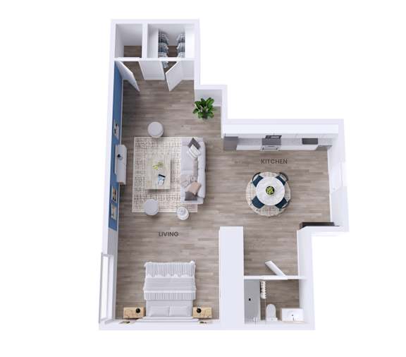 A dollhouse kitchen and living room are shown in the image.