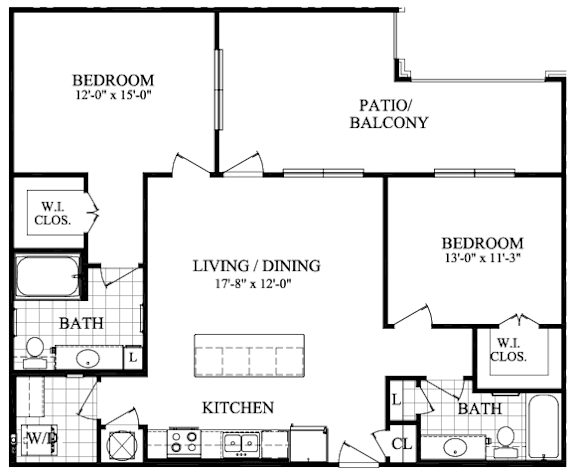 A black and white image of a floor plan for a unit E with two bedrooms, a living/dining area, a kitchen, and a bathroom.