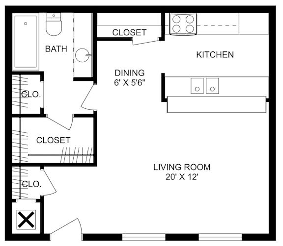 2D overhead floor plan for a 600 sq. ft. studio showing labeled rooms and dimensions.