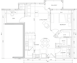 A floor plan of an apartment with a den, living room, kitchen, dining room, bathroom, and laundry room.