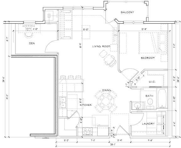 A floor plan of an apartment with a den, living room, kitchen, dining room, bathroom, and laundry room.