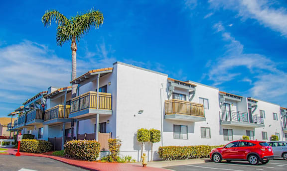a car parked in front of an apartment building with a palm tree