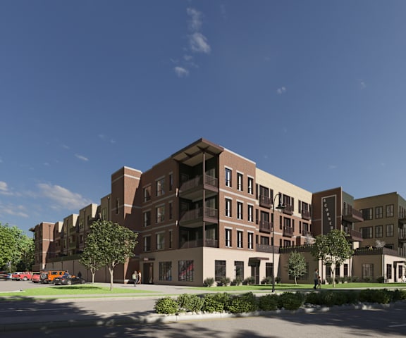 a rendering of a new apartment building on a city street