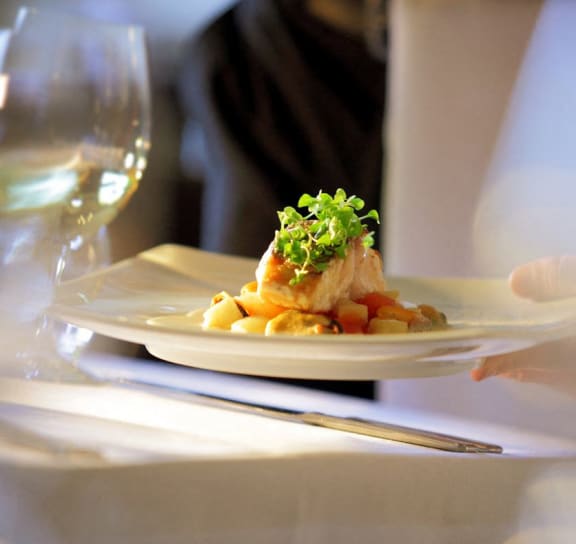 a plate of food on a table at a restaurant at Avellan Springs Apartments in Morrisville, NC 27560
