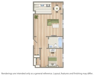 A drawing of a room with a bed, desk, and chair.