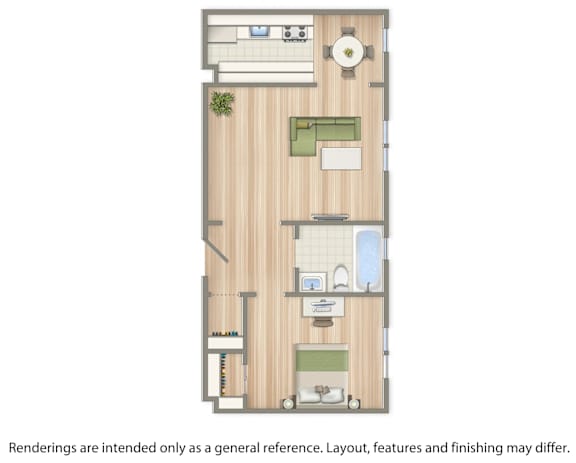 A drawing of a room with a bed, desk, and chair.