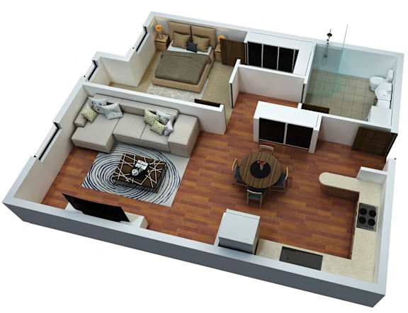 Floor Plan  A 3D floor plan of a house with a living room, kitchen, and dining area.