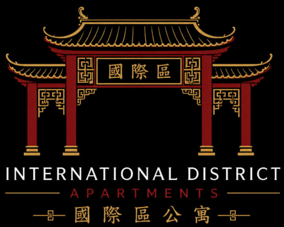 A logo for International District Apartments featuring a traditional Asian gate.
