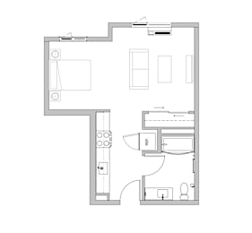 A floor plan of a house with a kitchen, living room, and bathroom.