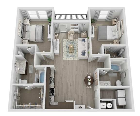 A floor plan of a house with a living room, kitchen, and two bedrooms.
