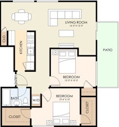 A floor plan of a one bedroom apartment with a living room, kitchen, and two bathrooms.