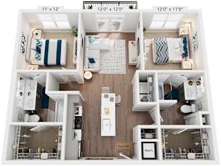 2 Bed 2 Bath Floor Plan | 980 Sq. Ft. at One Riverside Apartments, TN, 37403