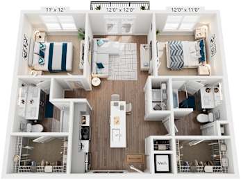 2 Bed 2 Bath Floor Plan | 980 Sq. Ft. at One Riverside Apartments, TN, 37403