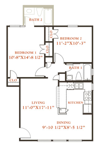 Beech floor plan, 2 bedrooms 1 bath, 796 sqaure feet at Britain Way Apartments