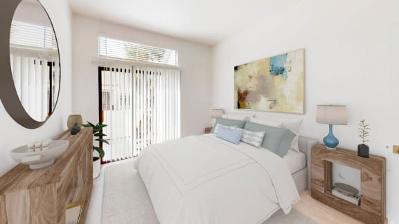 a white bedroom with a bed and a wooden dresser at Sendero Huntington Beach, Huntington Beach