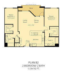 A floor plan of a home with two bedrooms, two bathrooms, and a deck.