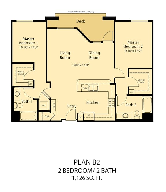A floor plan of a home with two bedrooms, two bathrooms, and a deck.