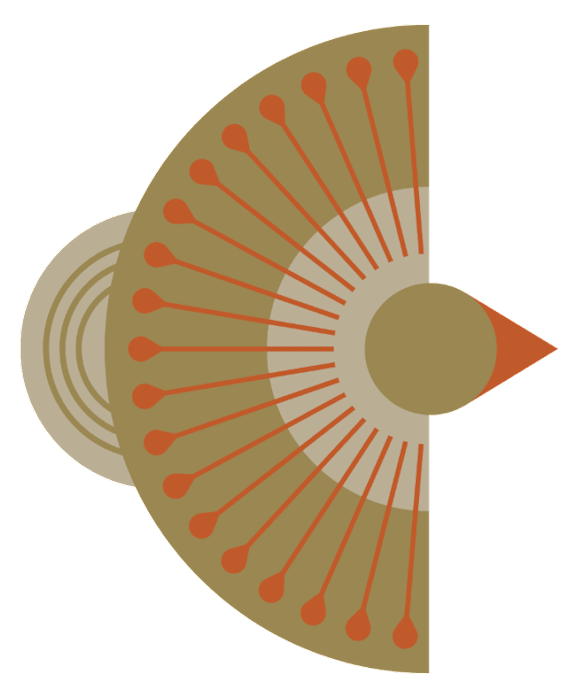A decorative fan with orange and beige stripes.