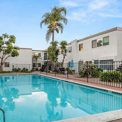 A swimming pool surrounded by a black fence and palm trees.