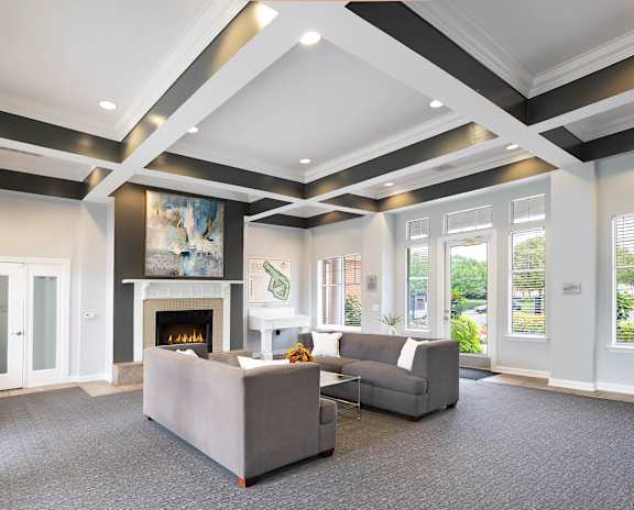 a living room with couches and a fireplace