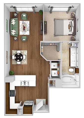 Cityplace Heights Apartments floor plan - A3 - 1Bedroom 1Bathroom - 3D