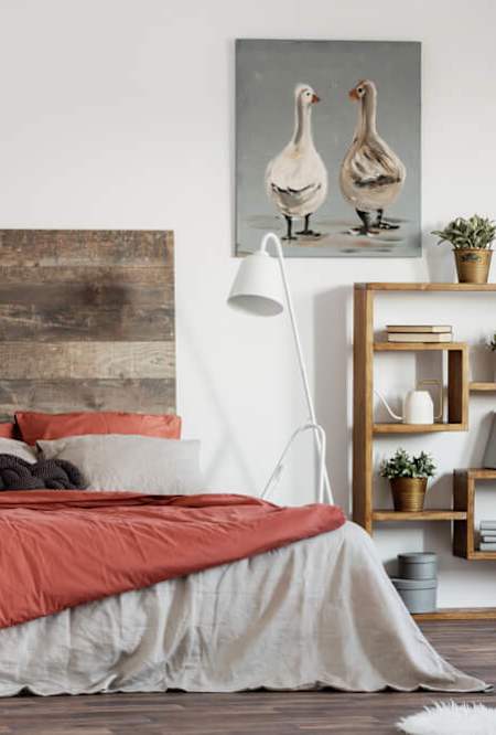 a bedroom with a bed and a bookcase
