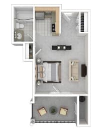 3d floor plan of the 1 bed 1 bath apartment for rent at Riley Court in Bountiful, Utah