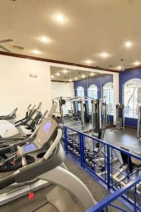 A gym with treadmills, elliptical machines, and other exercise equipment.