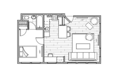 Lotus Cityline Apartments in Downtown Salt Lake City, Utah. 2D floor plan of the 513 square foot 1 bed, 1 bath floor plan