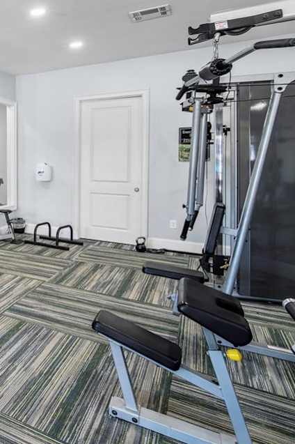 A spacious gym with treadmills, elliptical machines, and a television at Waterleaf at Neely Ferry Apartments, Simpsonville, SC 29680