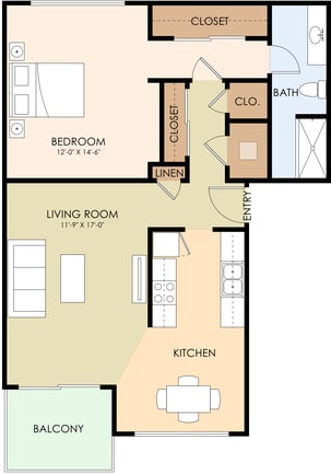 A floor plan of a one bedroom apartment with a living room, kitchen and bathroom.