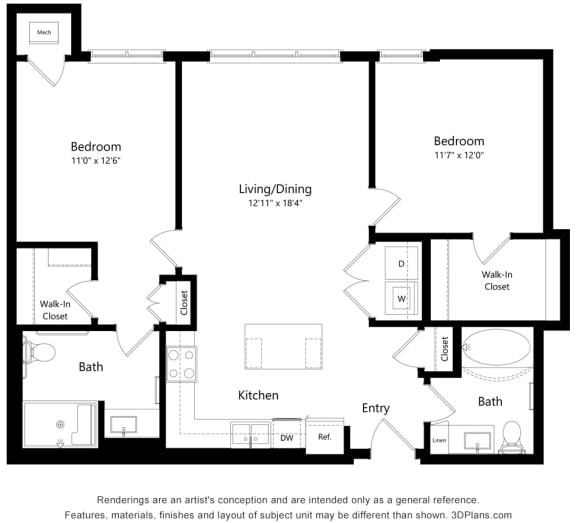 Two Bed Two Bath Floor Plan Two Bed Two Bath Floor Plan at Bren Road Station 55+ Apartments, Minnetonka, MN, 55343