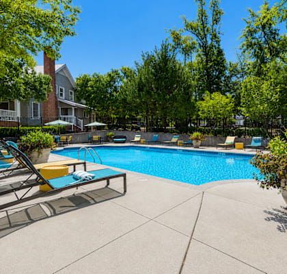 A pool surrounded by trees and a house.