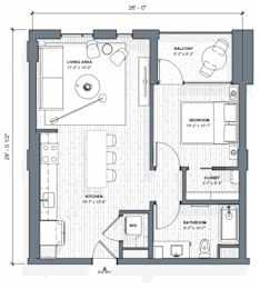 52 TTEN A1 Floorplan, 1 bed 1 bath