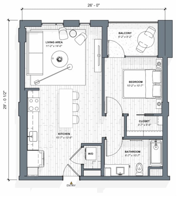 52 TTEN A1 Floorplan, 1 bed 1 bath