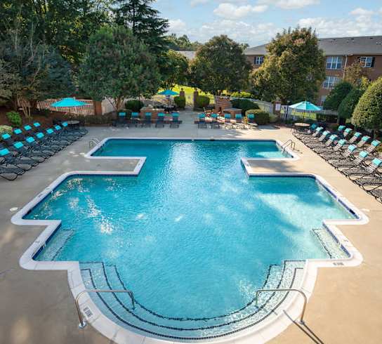 A large outdoor swimming pool surrounded by lounge chairs and trees.