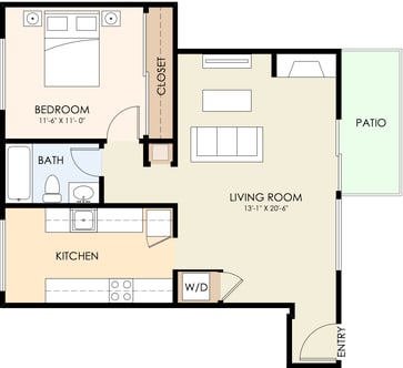 A floor plan of a one bedroom apartment with a living room, kitchen and bath.