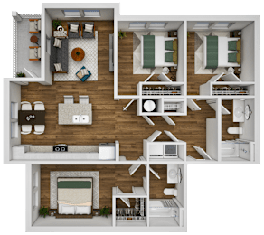 A 3D floor plan of a house with various rooms and furniture.