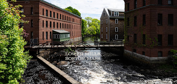 A bridge over a river in Lower Mills, Boston, Massachusetts.