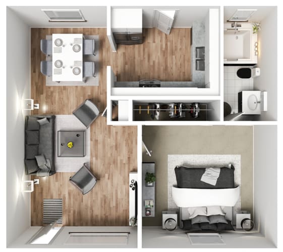 Floor Plan  a 3d floor plan of a bedroom with a living room