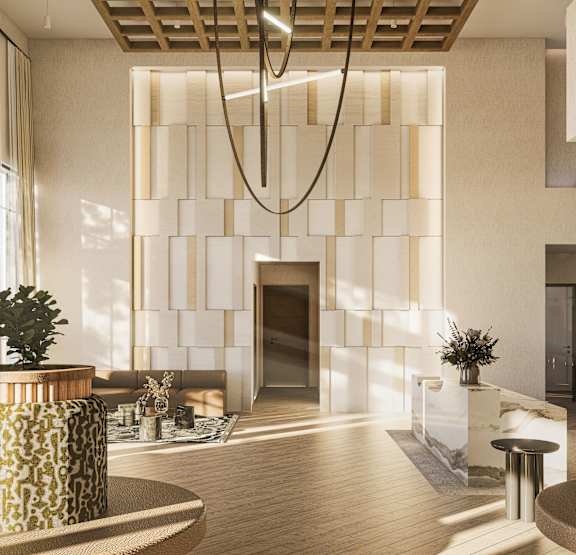 A modern office lobby with a wooden ceiling detail and patterned columns.