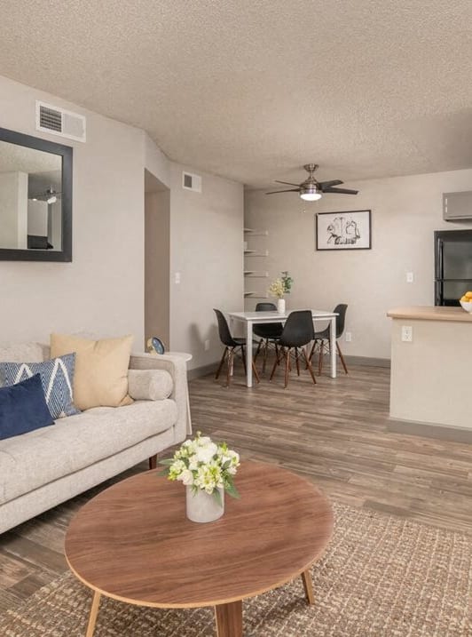 a living room and dining room with a couch and a table