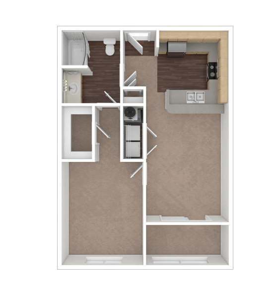 A floor plan of an apartment with a kitchen, living room, and two bedrooms.