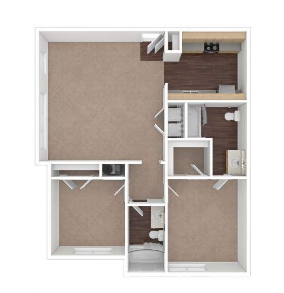 A floor plan of a small apartment with a kitchen, living room, and bathroom.