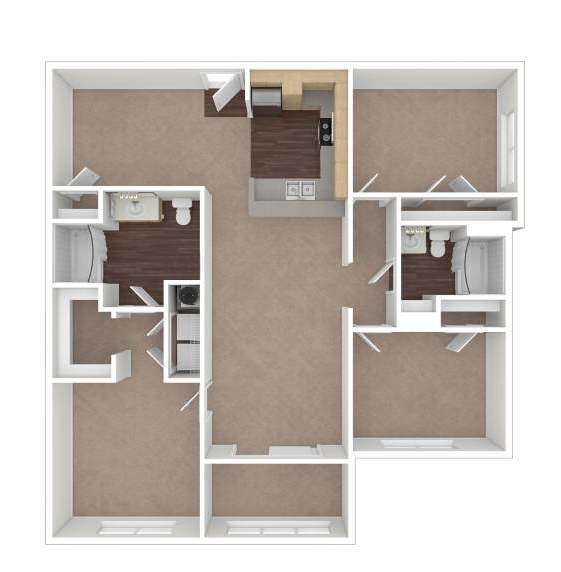 A floor plan of an apartment with a kitchen, living room, and two bedrooms.