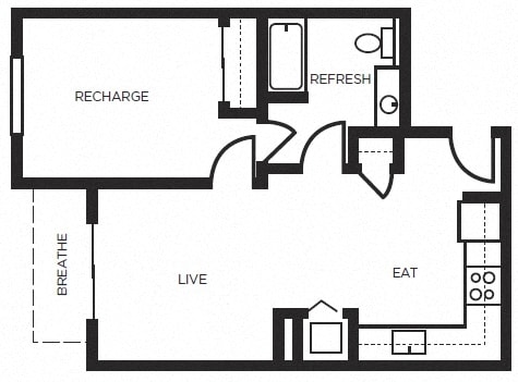 one bedroom floor plan  l 777 Broadway Apartments in Oakland